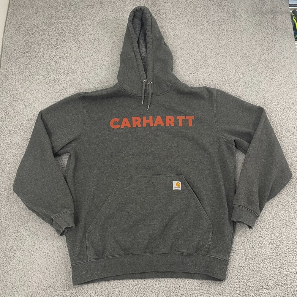 Carhartt Midweight Logo Hoodie Men L Gray Loose Fit Fleece Pullover